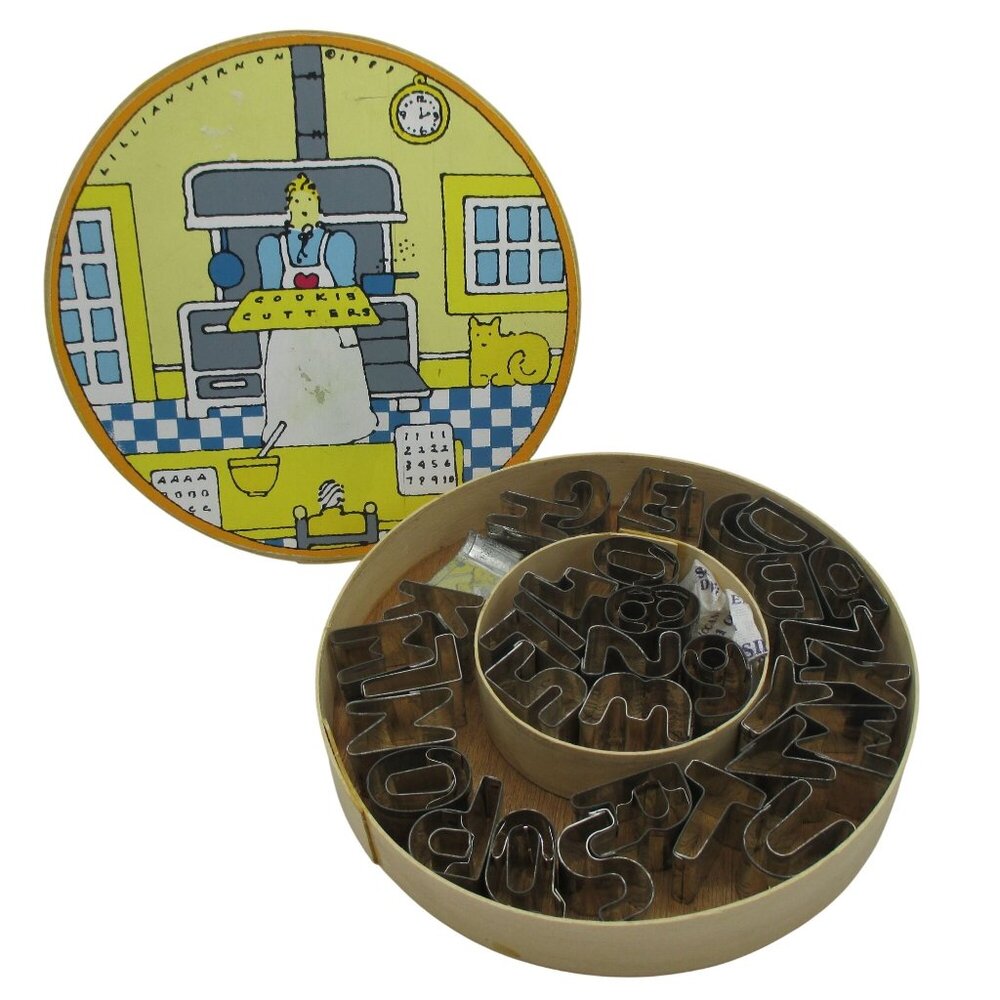 Vintage Lillian Vernon 1988 Alphabet Cookie Cutter Set In Round Wooden Box